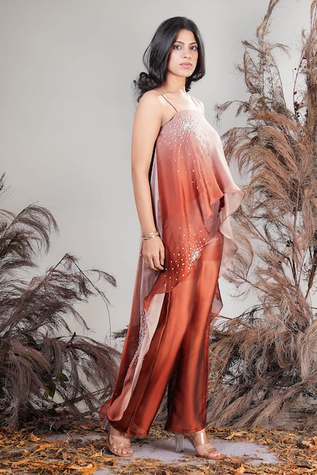 Rirasa Brown Embroidery Ombre High Low Top And Pant Set at Aza Fashions Rirasa_Brown Embroidery Ombre High Low Top And Pant Set _at_Aza_Fashions