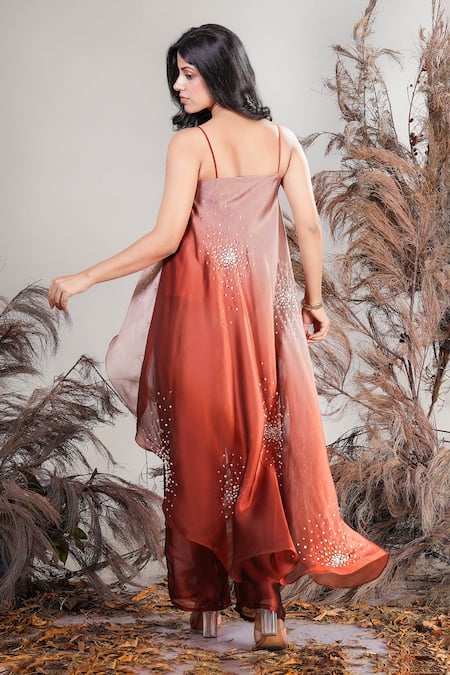 Shop Rirasa Brown Embroidery Ombre High Low Top And Pant Set at Aza Fashions Shop_Rirasa_Brown Embroidery Ombre High Low Top And Pant Set _at_Aza_Fashions