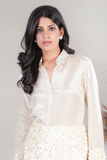 Rirasa Ivory Tissue Embroidery Collared Hand Shirt And Skirt Set Online at Aza Fashions Rirasa_Ivory Tissue Embroidery Collared Hand Shirt And Skirt Set _Online_at_Aza_Fashions