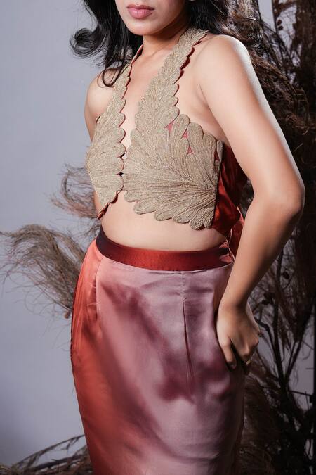 Rirasa Brown Georgette Embroidery Halter Neck Ombre Hand Bustier And Skirt Online at Aza Fashions Rirasa_Brown Georgette Embroidery Halter Neck Ombre Hand Bustier And Skirt _Online_at_Aza_Fashions