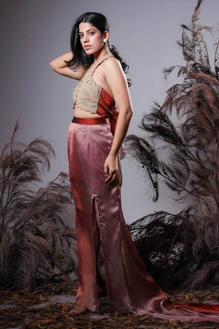 Shop Rirasa Brown Georgette Embroidery Halter Neck Ombre Hand Bustier And Skirt Online at Aza Fashions Shop_Rirasa_Brown Georgette Embroidery Halter Neck Ombre Hand Bustier And Skirt _Online_at_Aza_Fashions