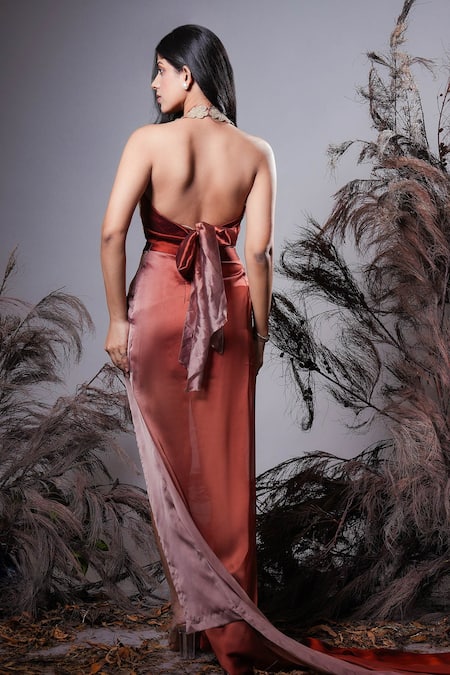 Shop Rirasa Brown Georgette Embroidery Halter Neck Ombre Hand Bustier And Skirt at Aza Fashions Shop_Rirasa_Brown Georgette Embroidery Halter Neck Ombre Hand Bustier And Skirt _at_Aza_Fashions