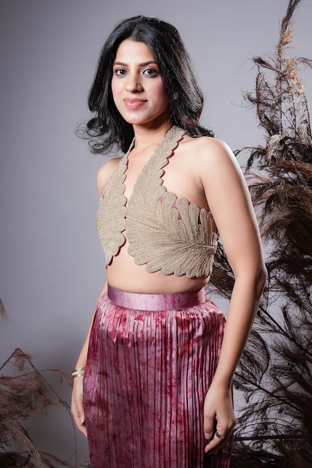 Buy Rirasa Coral Embroidery Halter Neck Pink Hand Bustier And Skirt Online at Aza Fashions Buy_Rirasa_Coral Embroidery Halter Neck Pink Hand Bustier And Skirt _Online_at_Aza_Fashions