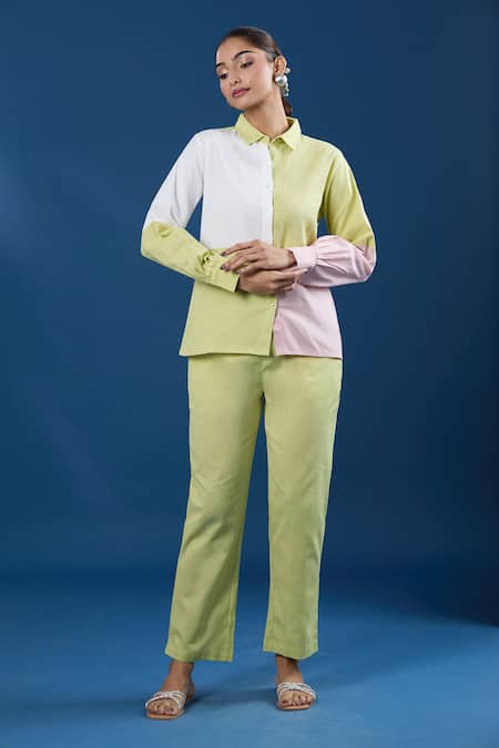 Naintara Bajaj Green Color Block Shirt & Pant Set 