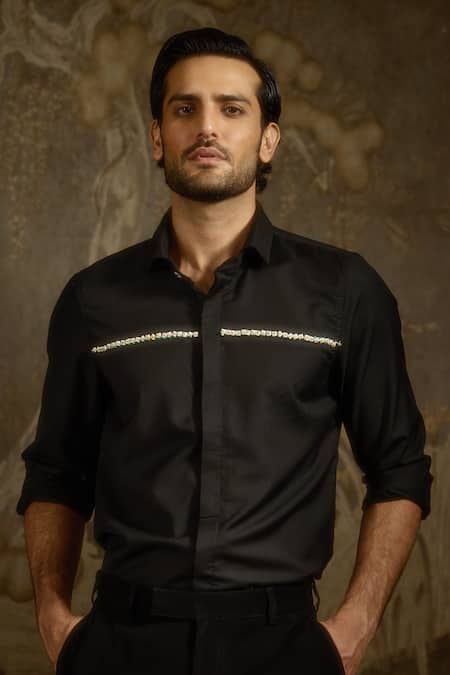 Shop_Ankit V Kapoor_Black Beads Echo Blade Event Shirt _at_Aza_Fashions