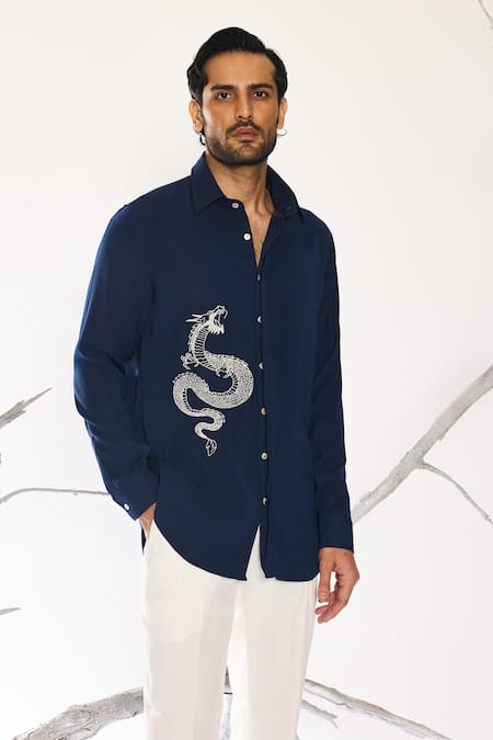 Ankit V Kapoor_Blue Embroidery Woven Draken Sky Shirt _Online_at_Aza_Fashions