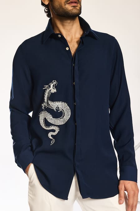 Shop_Ankit V Kapoor_Blue Embroidery Woven Draken Sky Shirt _Online_at_Aza_Fashions