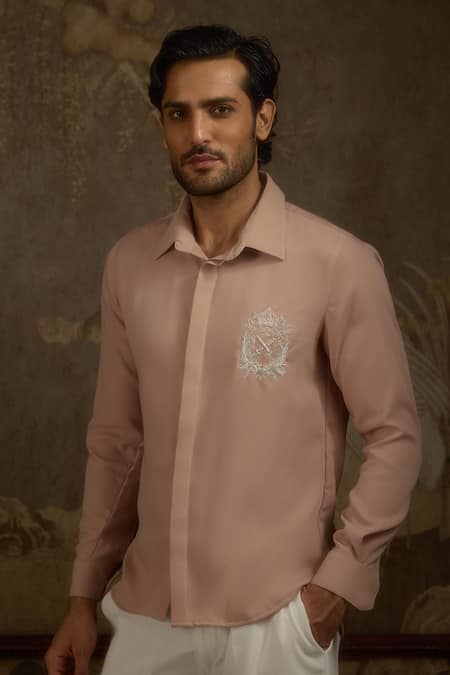 Ankit V Kapoor Pink Embroidery Regal Crest Shirt Online at Aza Fashions Ankit V Kapoor_Pink Embroidery Regal Crest Shirt _Online_at_Aza_Fashions