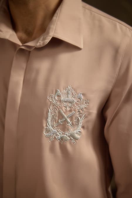 Shop Ankit V Kapoor Pink Embroidery Regal Crest Shirt Online at Aza Fashions Shop_Ankit V Kapoor_Pink Embroidery Regal Crest Shirt _Online_at_Aza_Fashions