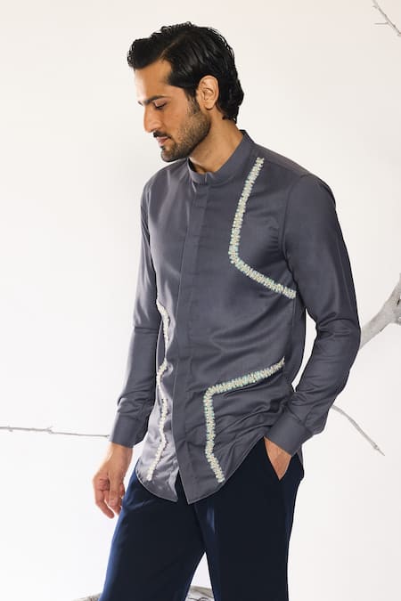 Ankit V Kapoor_Gray Beads Lumen Grid Statement Shirt _Online_at_Aza_Fashions