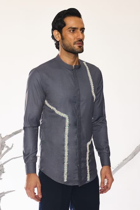 Shop_Ankit V Kapoor_Gray Beads Lumen Grid Statement Shirt _Online_at_Aza_Fashions