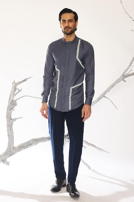 Ankit V Kapoor Gray Beads Lumen Grid Statement Shirt 