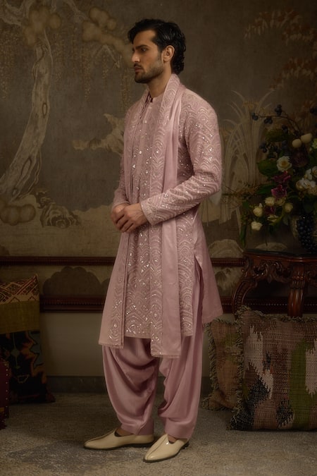 Shop_Ankit V Kapoor_Pink Georgette Embroidery Woven Kesar Gul Kurta Set _Online_at_Aza_Fashions