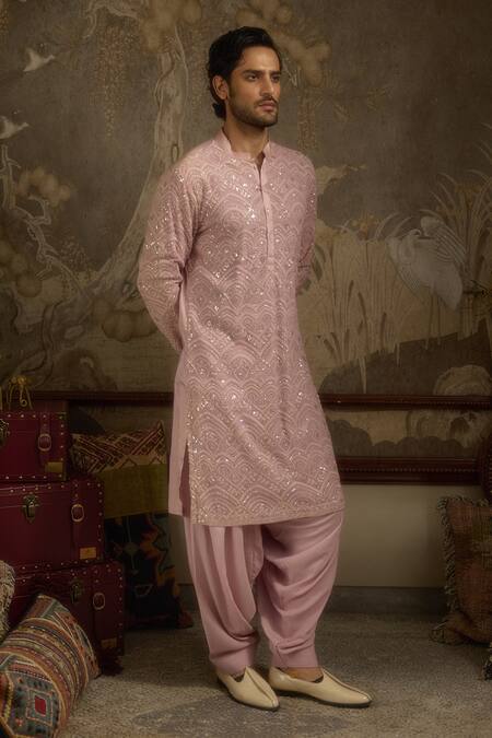 Ankit V Kapoor_Pink Georgette Embroidery Woven Kesar Gul Kurta Set _at_Aza_Fashions