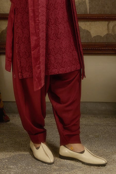 Ankit V Kapoor Maroon Georgette, Cotton Shahgul Woven Kurta Set Online at Aza Fashions Ankit V Kapoor_Maroon Georgette, Cotton Shahgul Woven Kurta Set _Online_at_Aza_Fashions