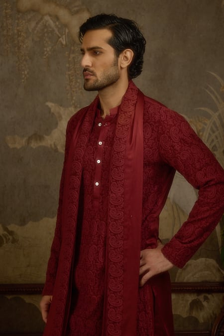 Buy Ankit V Kapoor Maroon Georgette, Cotton Shahgul Woven Kurta Set Online at Aza Fashions Buy_Ankit V Kapoor_Maroon Georgette, Cotton Shahgul Woven Kurta Set _Online_at_Aza_Fashions