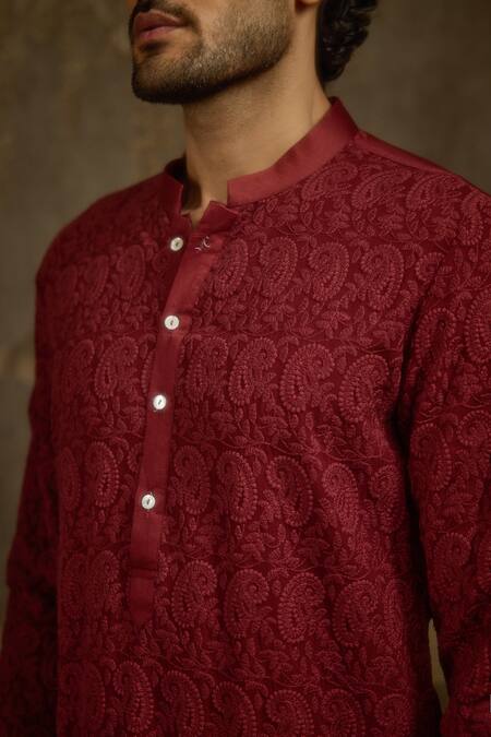 Shop Ankit V Kapoor Maroon Georgette, Cotton Shahgul Woven Kurta Set Online at Aza Fashions Shop_Ankit V Kapoor_Maroon Georgette, Cotton Shahgul Woven Kurta Set _Online_at_Aza_Fashions