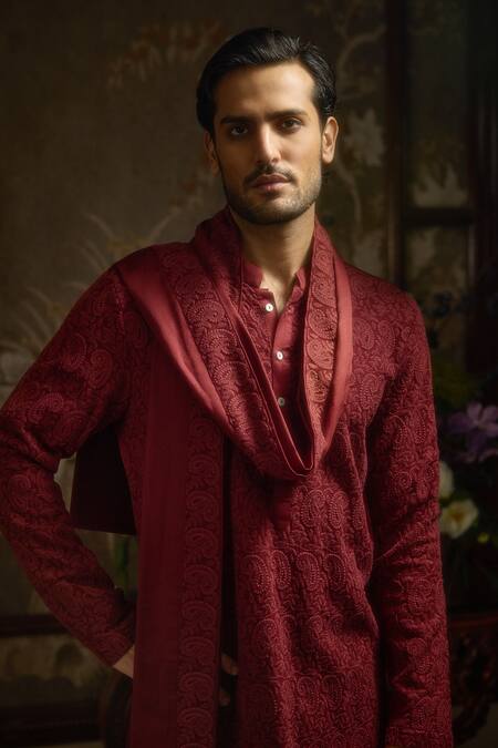 Ankit V Kapoor Maroon Georgette, Cotton Shahgul Woven Kurta Set at Aza Fashions Ankit V Kapoor_Maroon Georgette, Cotton Shahgul Woven Kurta Set _at_Aza_Fashions