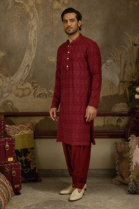 Buy Ankit V Kapoor Maroon Georgette, Cotton Shahgul Woven Kurta Set Buy_Ankit V Kapoor_Maroon Georgette, Cotton Shahgul Woven Kurta Set
