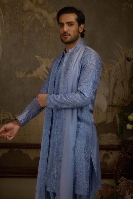 Ankit V Kapoor_Sky Blue Georgette Embroidery Woven Fiza Gul Kurta Set _Online_at_Aza_Fashions