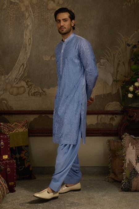 Ankit V Kapoor_Sky Blue Georgette Embroidery Woven Fiza Gul Kurta Set _at_Aza_Fashions