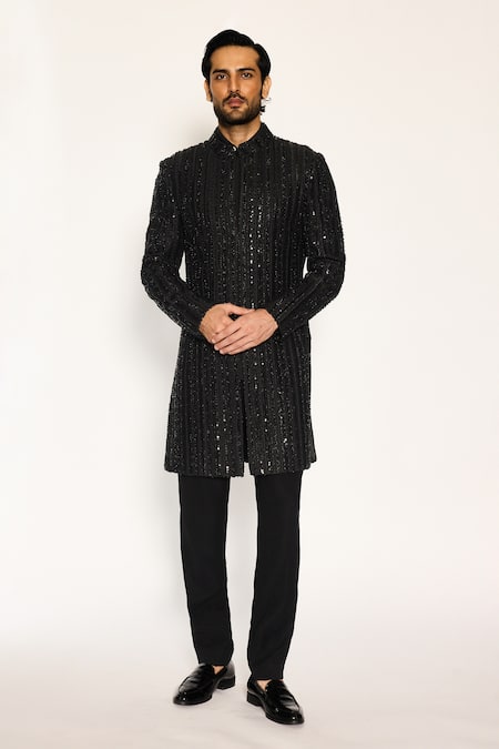 Ankit V Kapoor Black Sequins Woven Designer Sherwani And Pant Set