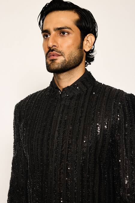 Ankit V Kapoor_Black Sequins Woven Designer Sherwani And Pant Set _Online_at_Aza_Fashions