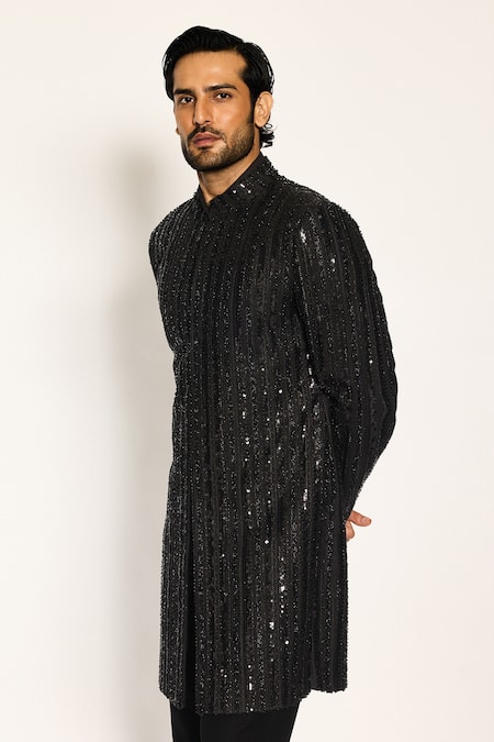 Shop_Ankit V Kapoor_Black Sequins Woven Designer Sherwani And Pant Set _Online_at_Aza_Fashions