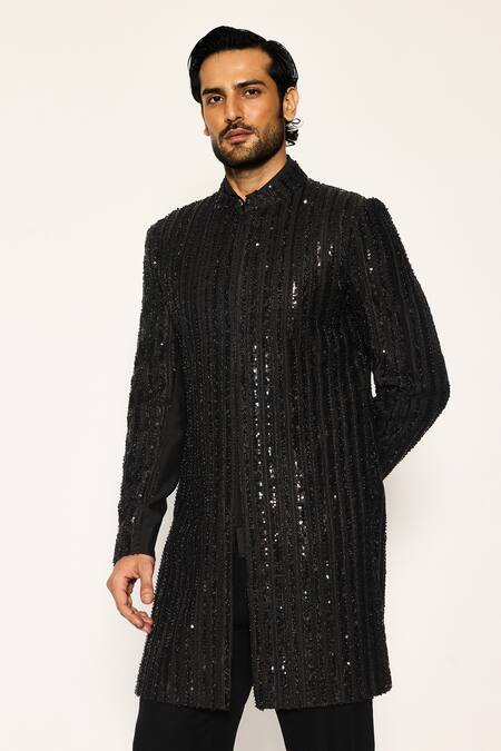 Ankit V Kapoor_Black Sequins Woven Designer Sherwani And Pant Set _at_Aza_Fashions