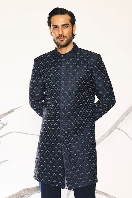 Ankit V Kapoor_Navy Rich Blue Woven Sherwani And Pant Set _Online_at_Aza_Fashions