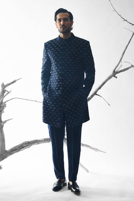 Buy_Ankit V Kapoor_Navy Rich Blue Woven Sherwani And Pant Set _Online_at_Aza_Fashions