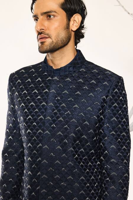 Shop_Ankit V Kapoor_Navy Rich Blue Woven Sherwani And Pant Set _Online_at_Aza_Fashions