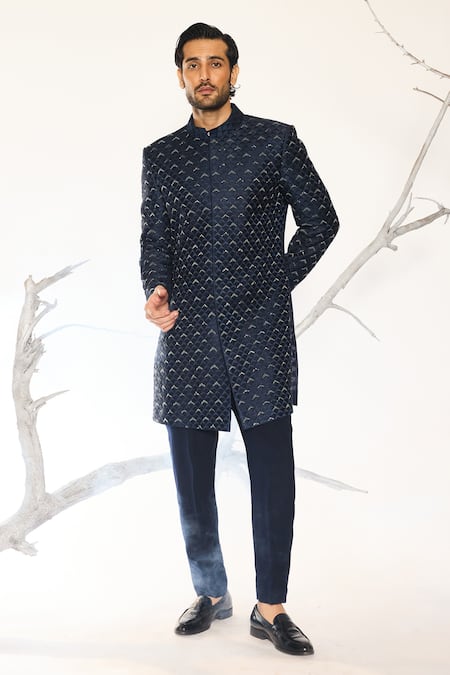 Buy_Ankit V Kapoor_Navy Rich Blue Woven Sherwani And Pant Set 