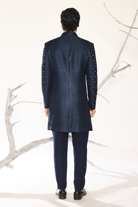 Ankit V Kapoor Rich Navy Blue Woven Sherwani & Pant Set