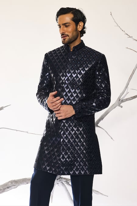 Ankit V Kapoor_Blue Crepe Futuristic Dusk Sherwani And Pant Set _Online_at_Aza_Fashions