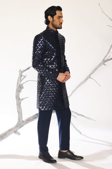 Buy_Ankit V Kapoor_Blue Crepe Futuristic Dusk Sherwani And Pant Set _Online_at_Aza_Fashions