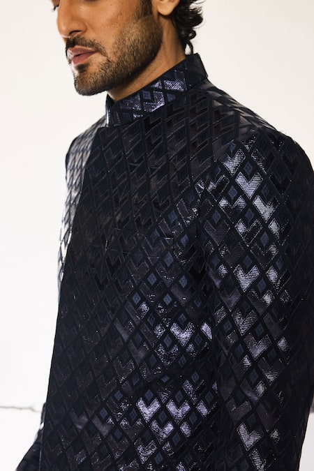 Shop_Ankit V Kapoor_Blue Crepe Futuristic Dusk Sherwani And Pant Set _Online_at_Aza_Fashions