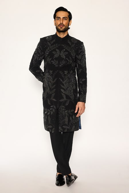 Ankit V Kapoor Black Embroidery, Zari Obsidian Bloom Indo Sherwani Set