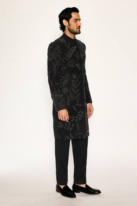 Ankit V Kapoor_Black Embroidery, Zari Obsidian Bloom Indo Sherwani Set _Online_at_Aza_Fashions
