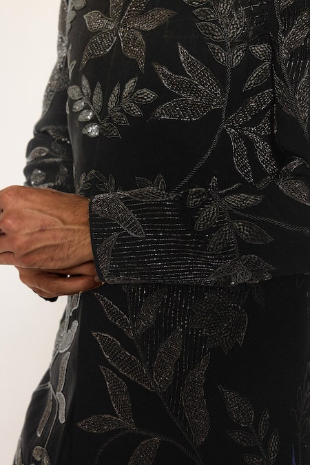 Buy_Ankit V Kapoor_Black Embroidery, Zari Obsidian Bloom Indo Sherwani Set _Online_at_Aza_Fashions