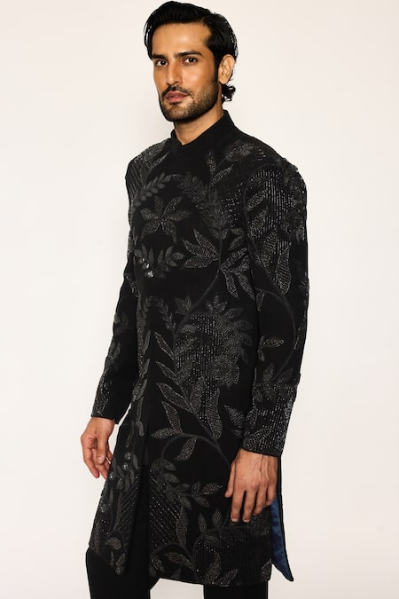 Shop_Ankit V Kapoor_Black Embroidery, Zari Obsidian Bloom Indo Sherwani Set _Online_at_Aza_Fashions