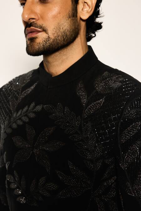 Ankit V Kapoor_Black Embroidery, Zari Obsidian Bloom Indo Sherwani Set _at_Aza_Fashions