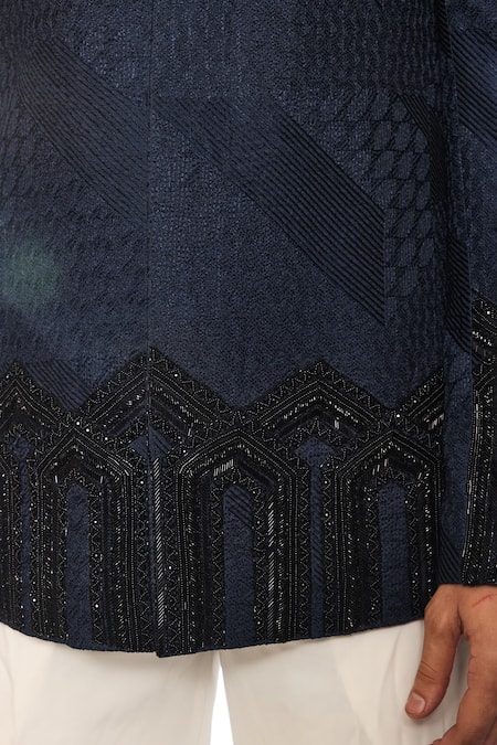 Ankit V Kapoor_Blue Cotton, Silk Beads Deco Crest Bandhgala And Pant Set _Online_at_Aza_Fashions