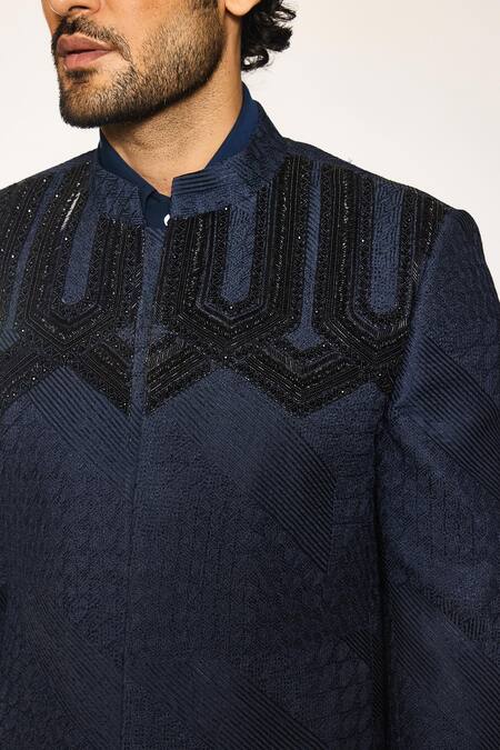 Buy_Ankit V Kapoor_Blue Cotton, Silk Beads Deco Crest Bandhgala And Pant Set _Online_at_Aza_Fashions