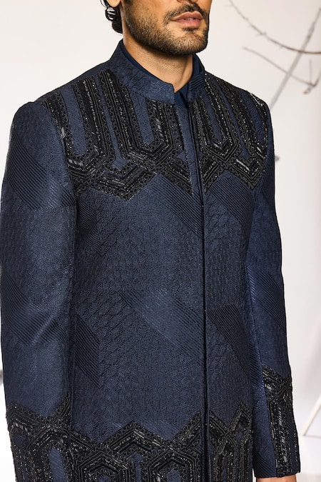 Shop_Ankit V Kapoor_Blue Cotton, Silk Beads Deco Crest Bandhgala And Pant Set _Online_at_Aza_Fashions