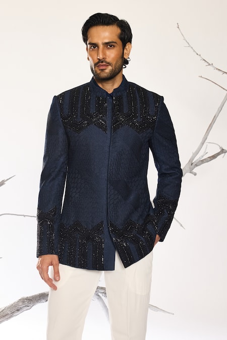 Ankit V Kapoor_Blue Cotton, Silk Beads Deco Crest Bandhgala And Pant Set _at_Aza_Fashions
