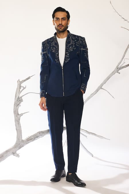 Ankit V Kapoor Blue Viscose Embroidery Azure Vault Deep Shacket And Pant Set