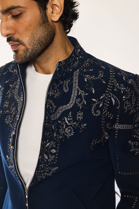 Ankit V Kapoor_Blue Viscose Embroidery Azure Vault Deep Shacket And Pant Set _Online_at_Aza_Fashions