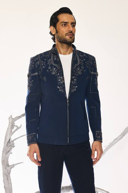 Buy_Ankit V Kapoor_Blue Viscose Embroidery Azure Vault Deep Shacket And Pant Set _Online_at_Aza_Fashions