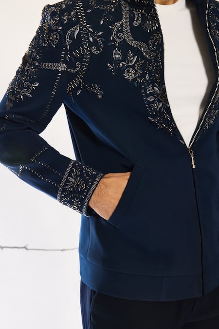 Shop_Ankit V Kapoor_Blue Viscose Embroidery Azure Vault Deep Shacket And Pant Set _Online_at_Aza_Fashions